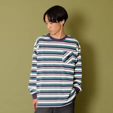 【大人向けサイズあり】ボーダー・ワンポイント刺繍ポケット付きビッグ長袖Tシャツ