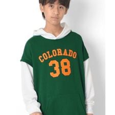 【大人向けサイズあり】前ロゴプリント・ベストレイヤード風ビッグパーカー