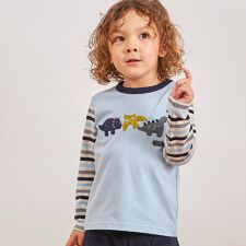 恐竜アップリケ×袖ボーダー 長袖Tシャツ