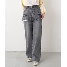 ラップ付デニムワイドパンツ【韓国ファッション】