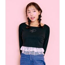 裾フリルラインストーンTシャツ【韓国ファッション】