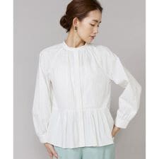 《大きいサイズ》ストライプバンドカラーペプラムブラウス