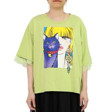 ScoLar スカラー ネコと女の子の自撮り柄 レース切替Tシャツ