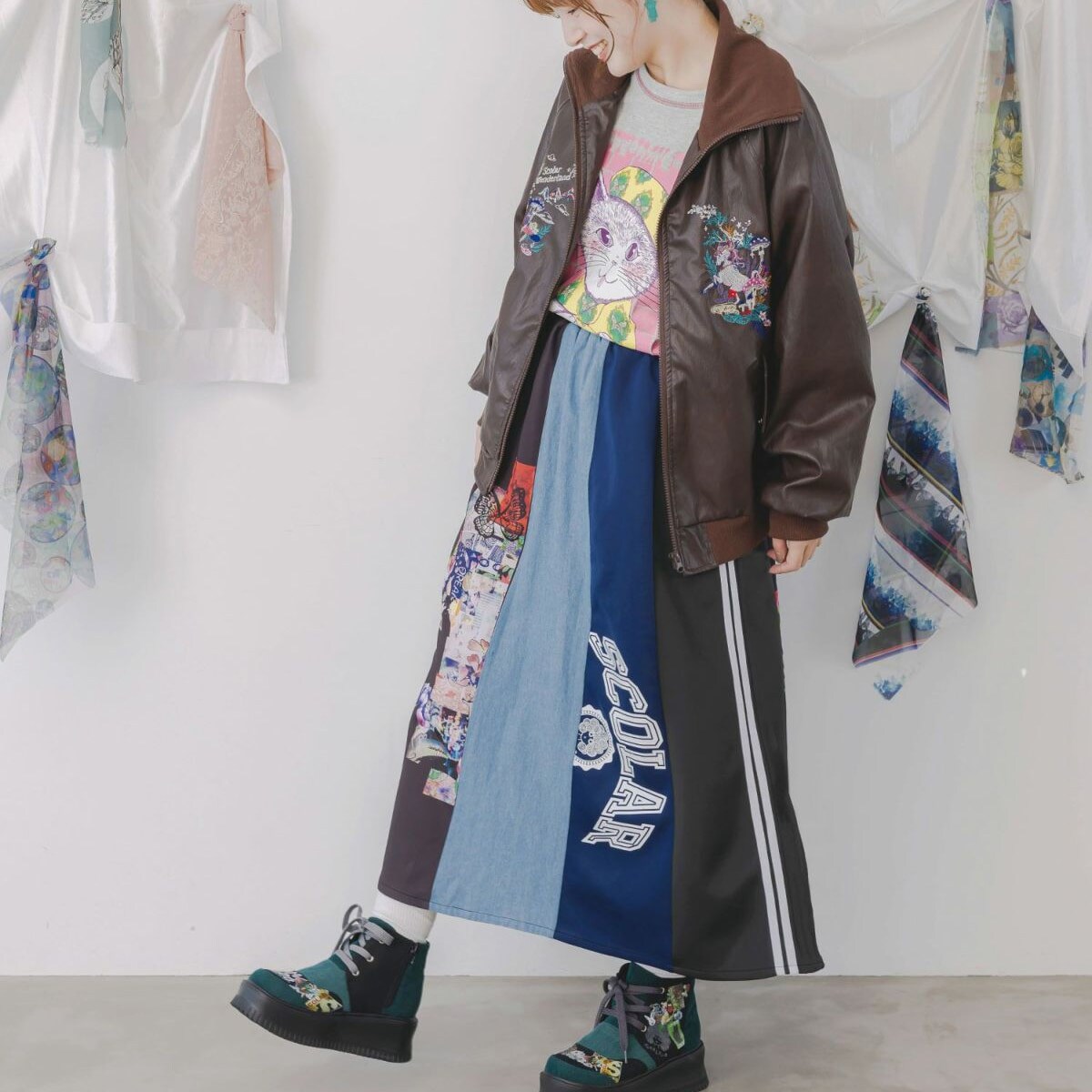 スカラー（ScoLar）/ScoLar スカラー ロゴコラージュ柄 デニム×ジャージ切替スカート ScoLar スカラー ロゴコラージュ柄 デニム×ジャージ切替スカート