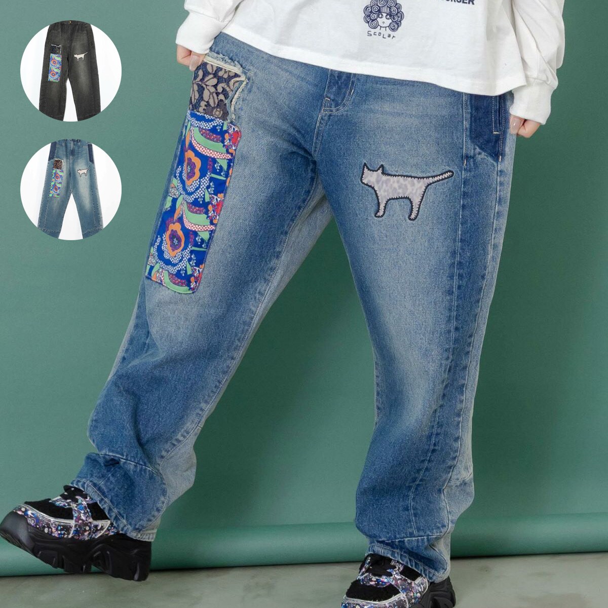 スカラー　scolar 153672：綿×レース異素材アップリケデニムパンツ 153672：綿×レース異素材アップリケデニムパンツの通販-ScoLar