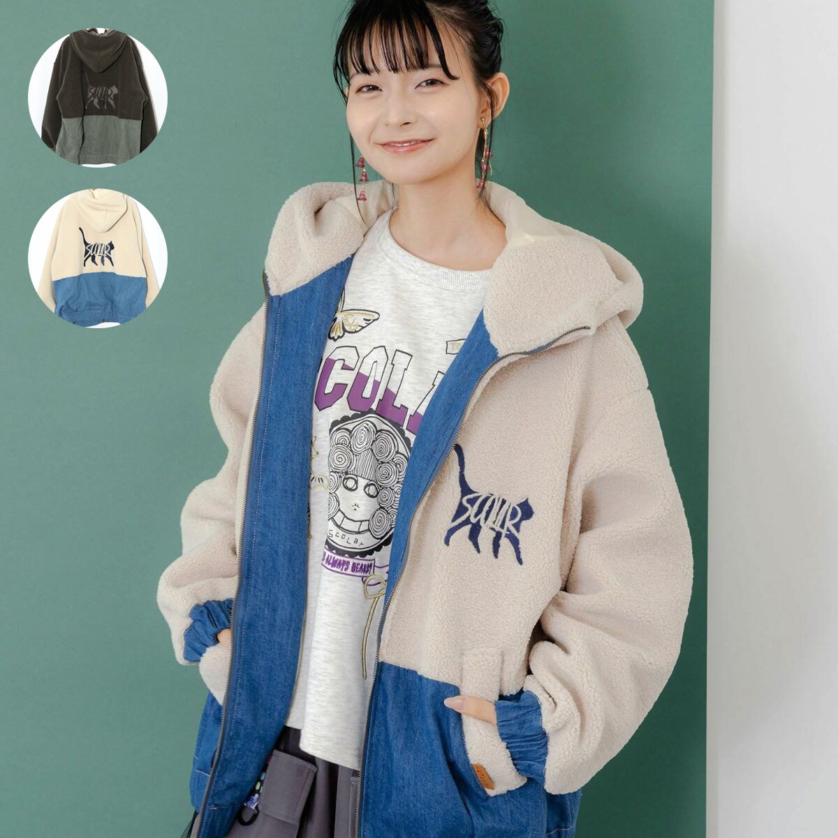 ScoLar スカラー ネコ刺繍ボア×デニム異素材切替ブルゾン | スカラー