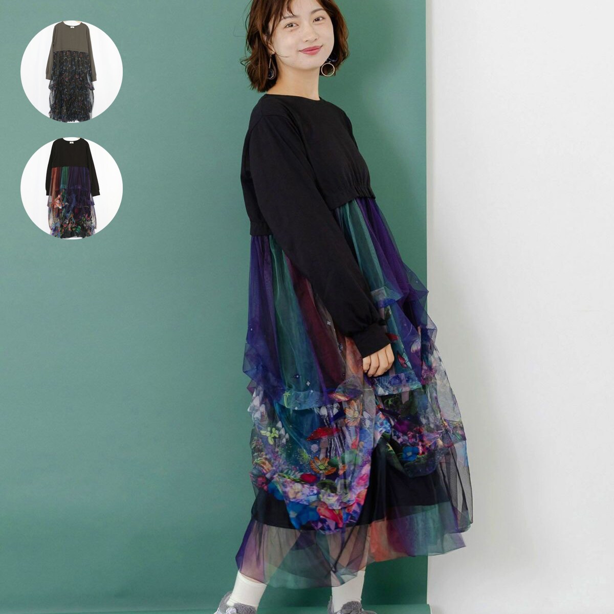 ScoLar スカラー 2柄展開タック入りチュールバルーンワンピース