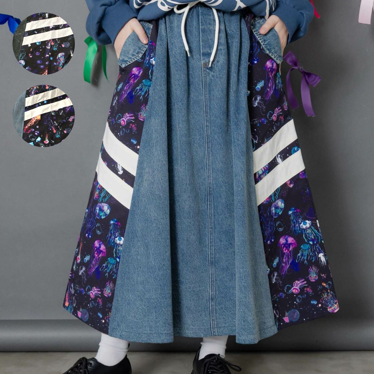 ScoLar 153775：クラゲ柄ナイロン×デニムスカート ScoLar スカラー クラゲ柄ナイロン×デニムスカート | スカラー(ScoLar