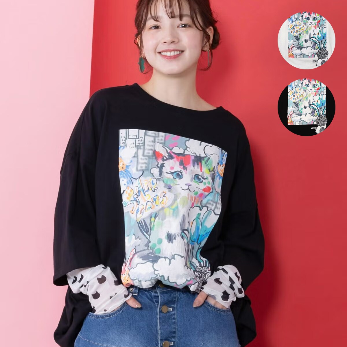 ScoLar スカラー 画家スカラーちゃんネコ柄チュール切替チュニック