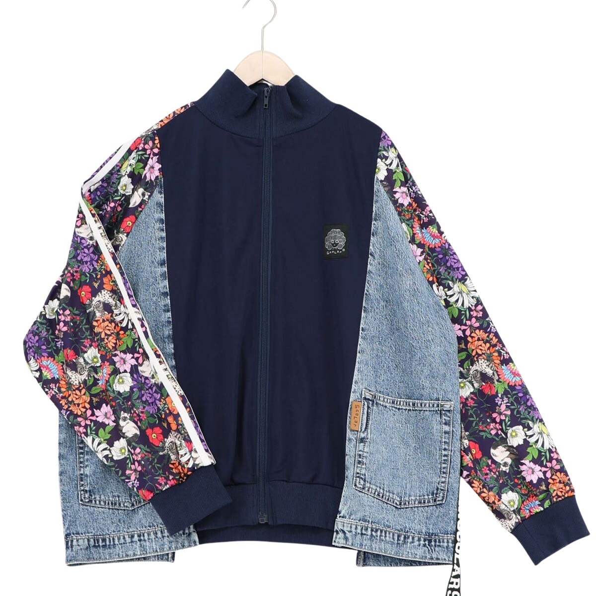 ScoLar 161655：花ネコ柄ジャージ×デニム 異素材切替ブルゾン ScoLar スカラー 花ネコ柄ジャージ×デニム 異素材切替ブルゾン