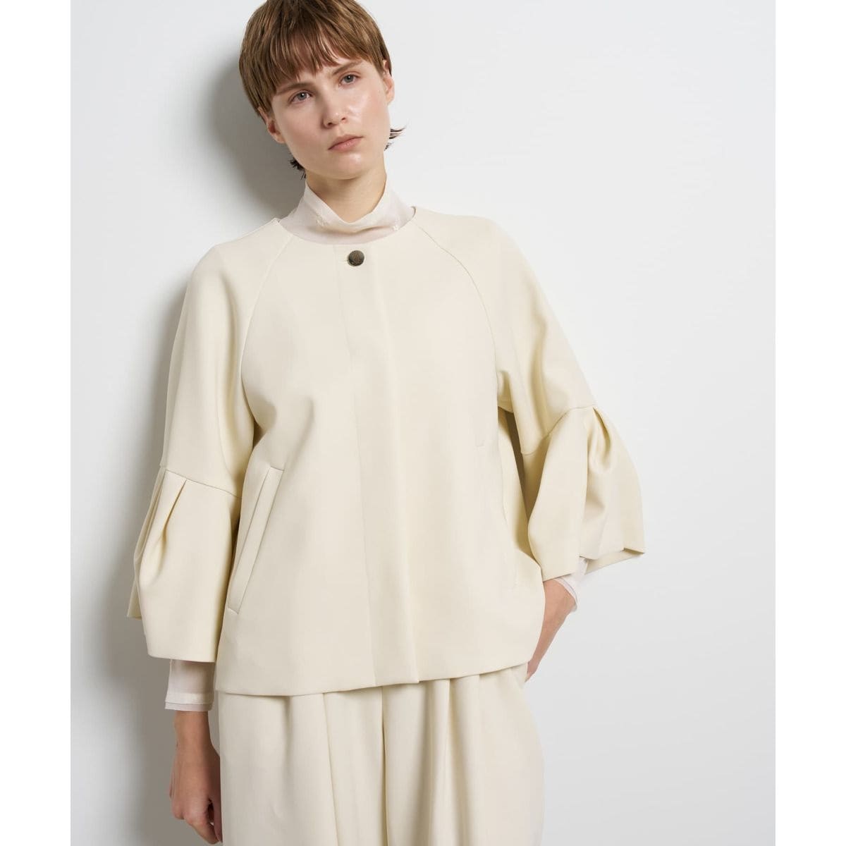 Heve アイボリー サテン バルーンスリーブ ジャケット ダブルクロスタックスリーブジャケット | ランバン オン ブルー(LANVIN