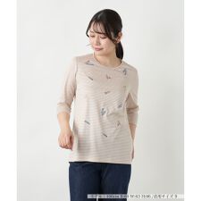 刺繍ボーダー七分袖カットソー