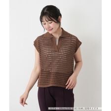 透かし編み切替ニットポロシャツ