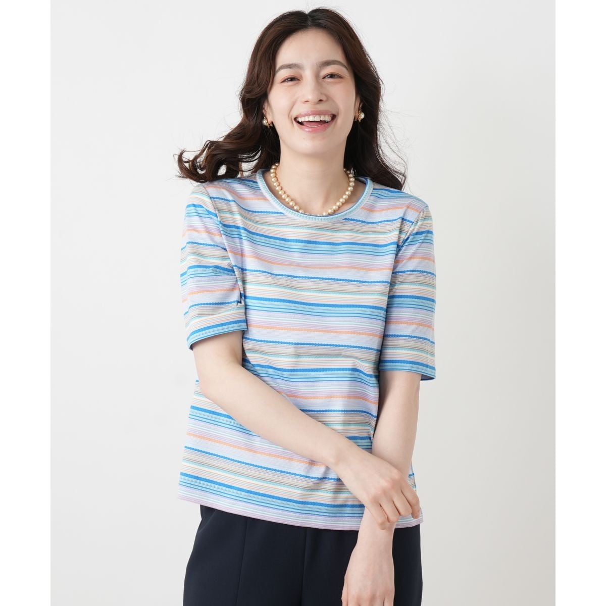 【新品】定価33,000円　レリアン　マルチボーダーカットソー　ホワイト　13＋ マルチカラーボーダーTシャツ【Leilian WHITE LABEL】 | レリアン