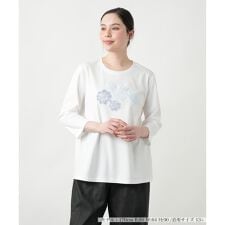 【店舗人気】【ウォッシャブル】フラワーモチーフ七分袖カットソー