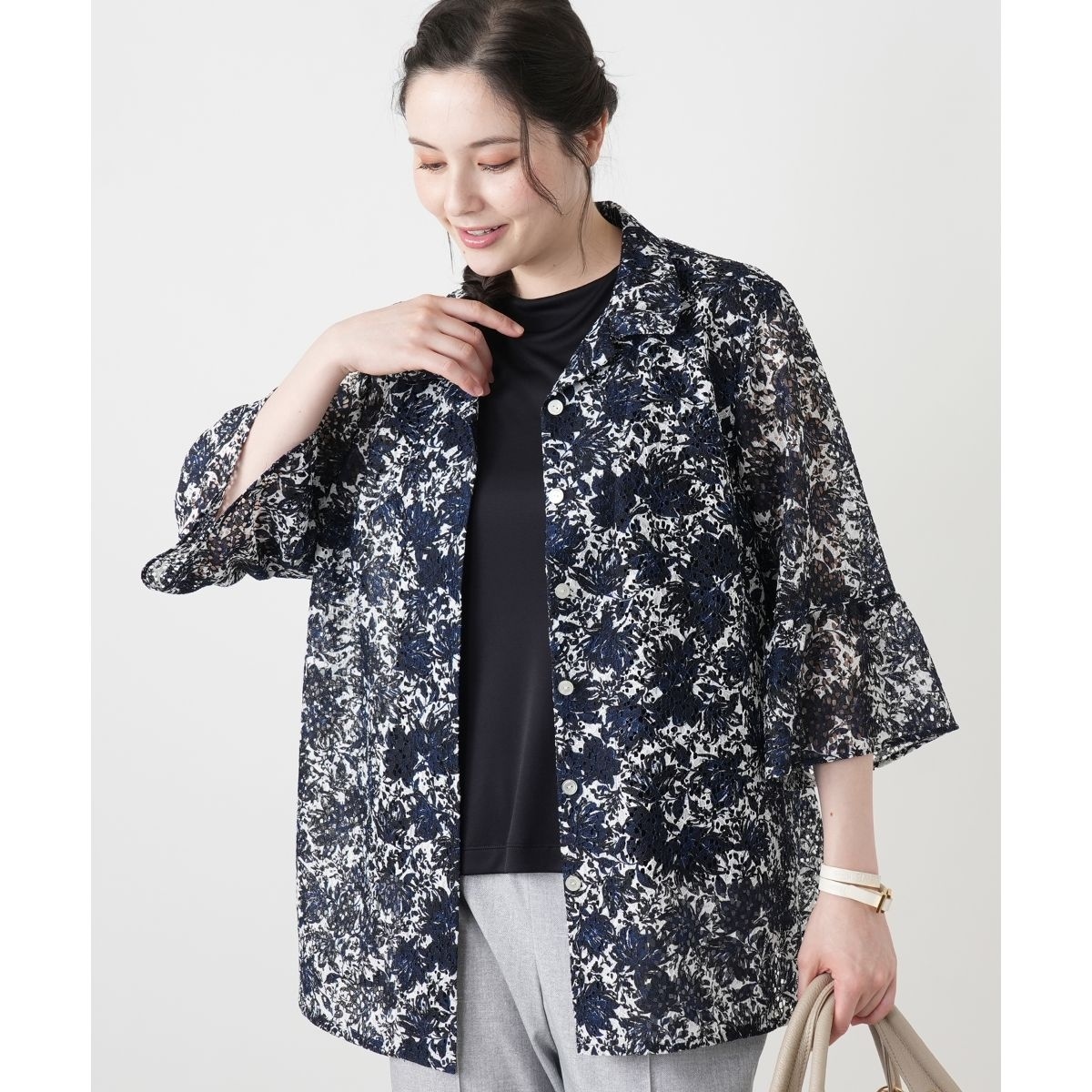 美品 Leilian WHITE LABEL レリアン ホワイトレーベル ストライプ ロングスリーブ ブラウス 大きいサイズ 13+ ネイビー ホワイト レディース 古着 中古 USED Leilian（レリアン） 美品 Leilian WHITE LABEL ホワイトレーベル