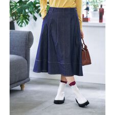 洗える サイドボタンのデニムフレアスカート