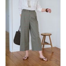 後ろウエストゴム のびのびチェックのワイドパンツ