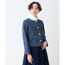 洗える 星柄デニム風プリントのノーカラージャケット【産地ナブル】