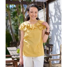 洗える フリルタックの異素材MIXカットソー