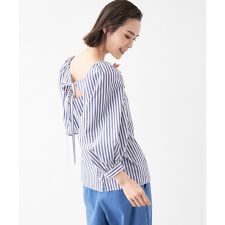 ストライプ柄バックリボンブラウス