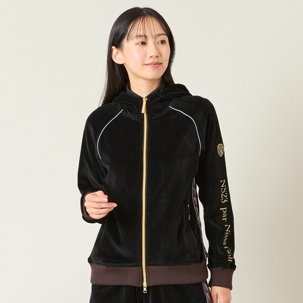新品未使用 archivio ベロアパーカー 黒 36 ゴルフウェア レディース】ヘビーベロアブルゾン | エヌエス23・パー