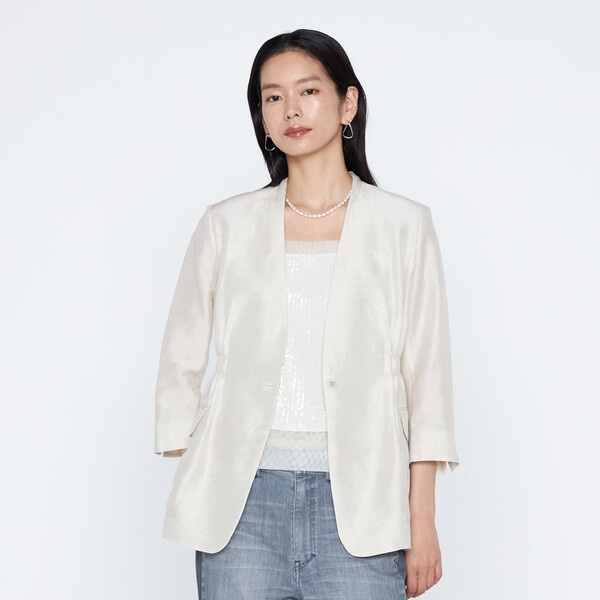 セットアップ対応》リネン×シルクツイル ノーカラー タックジャケット
