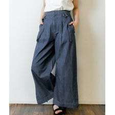 デニムハイウエスト裾ベンツワイドパンツ