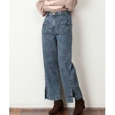裾スリットデニムストレートパンツ