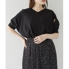 袖脇オープンVネック5分袖ニット