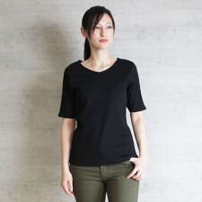 Vネック5分袖コットンリブTシャツ