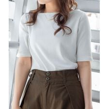 ボートネック5分袖コットンリブTシャツ