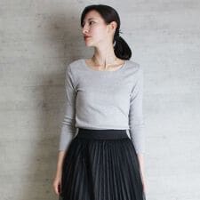 Uネック8分袖コットンフライスTシャツ