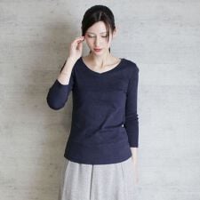 Vネック8分袖コットンフライスTシャツ