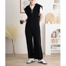 胸元レースアップギャザーオールインワン