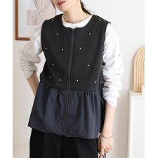 ダンボールニット×布帛切替パール付きZIPベスト