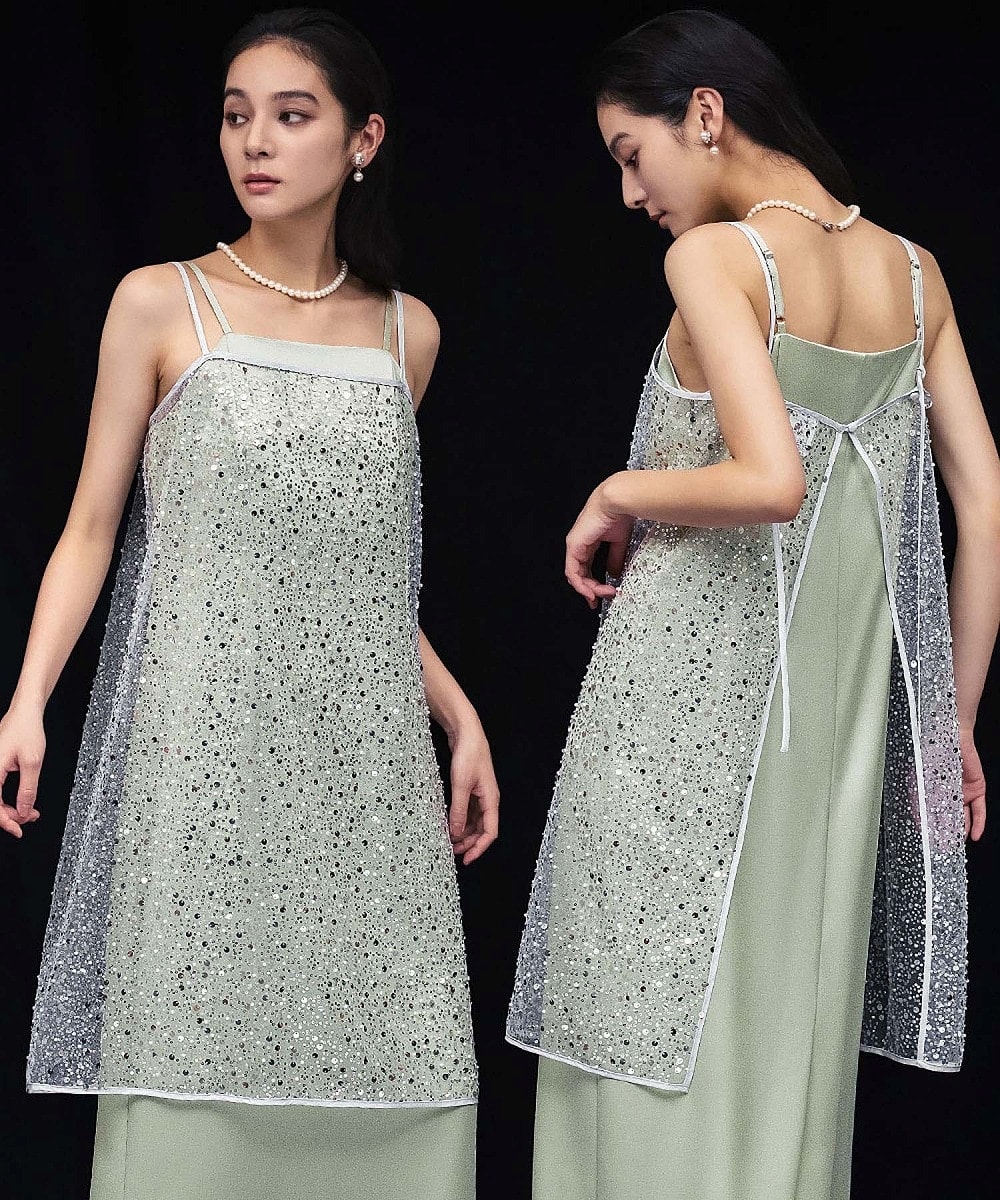 スパンコール花柄刺繍フロントスリットAラインドレス | レジャ(Leja