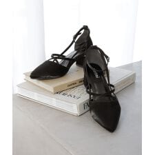 クロスストラップチャンキーヒール ポインテッドトゥ パンプス 結婚式 パーティー オケージョン