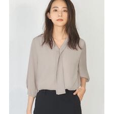 Vネックボウタイ風シフォン七分袖ブラウス オフィス ビジネス フォーマル セレモニー【洗える】