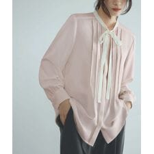 [洗える]バイカラーピンタックボウタイブラウス オフィス ビジネス フォーマル セレモニー