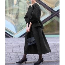 ふくれジャガード ボリュームスリーブブラウス 長袖 Aライン ロング丈スカート 2点セット スーツ