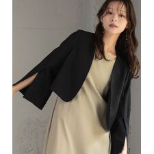 スリットスリーブノーカラージャケット ショート丈 フォーマル オフィス セレモニー【洗える】