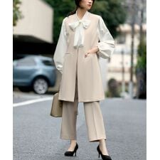 【3点セット】Vネックロングジレ ボウタイブラウス セットアップ スーツ【洗える/ストレッチ】