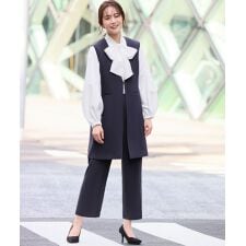 【3点セット】Vネックロングジレ ボウタイブラウス セットアップ スーツ【洗える/ストレッチ】