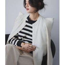 パワーショルダー クルーネック ニットカーディガン