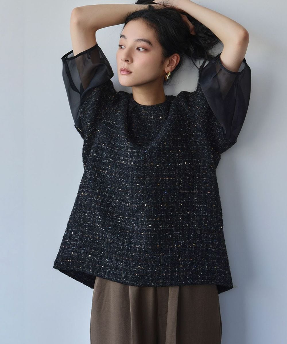 エルフランク（ELFRANK）/シアー切替え ランタンスリーブ ツイード ブラウス シアー切替え ランタンスリーブ ツイード ブラウス | エルフランク