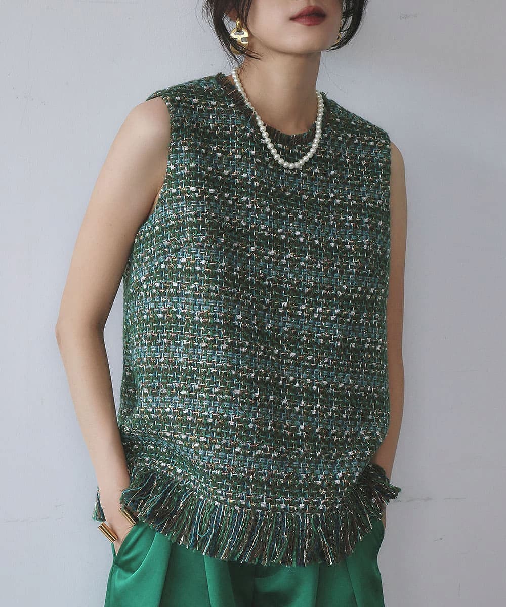 ミックスツイード フリンジ ノースリーブ ベスト | エルフランク