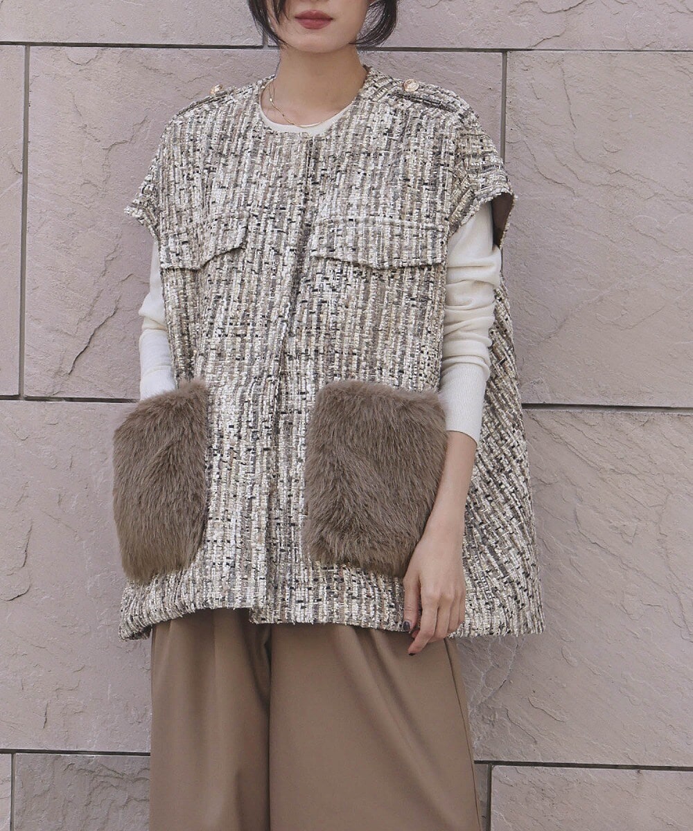 ファーポケット オーバーシルエット ツイード ベスト ジレ | エル
