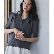 スカラップ パワーショルダー 半袖 ポロニット 襟付き