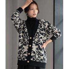 Vネック ジャガード ニット カーディガン リーフ柄